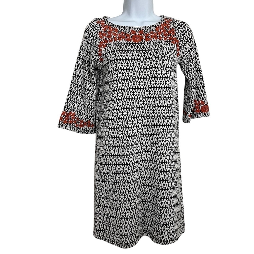 THML Anthropologie Black White Geometric Dress Coral Embroidery Size Small Boho